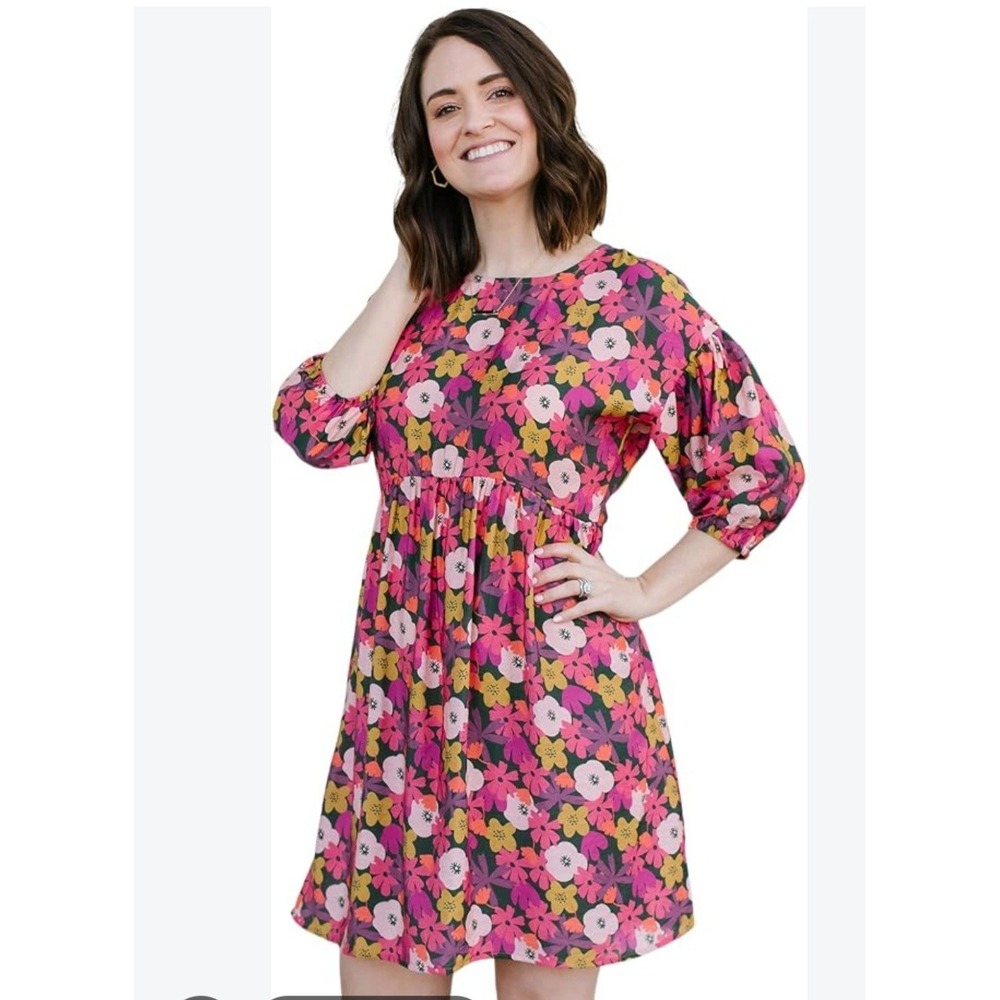 Michelle McDowell Floral Babydoll Dress Pink Orange Mustard 3/4 Sleeve Medium